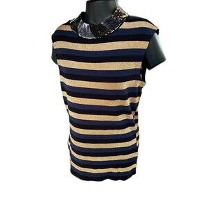 Vintage Sonia Rykiel Paris Top Sequin Crew neck Gold Glitter Navy Black Stripes